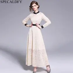 2019 весеннее платье с длинным рукавом женское однотонное кружевное платье высокого качества Модные женские Лоскутные элегантные длинные