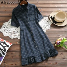 Японский консервативный стиль, летнее женское платье-рубашка, винтажное клетчатое платье с пуговицами и карманами, повседневное мини-платье, элегантное короткое платье с оборками для девочек