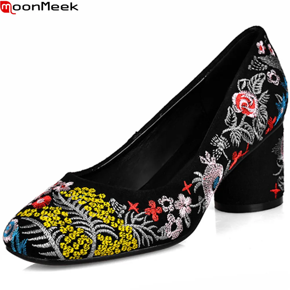 

MoonMeek 2018 hot sale new arrive women pumps square toe shallow spring autumn ladies shoes embroider high heels shoes