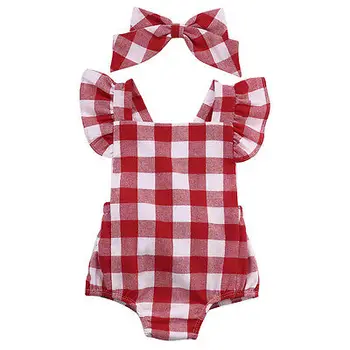 

0-18M British Style Red Plaid Baby Girls Bodysuit Jumpsuit Plaid Back Cross Ruffles Short Sleeve Toddlers Girls Clothes Summer