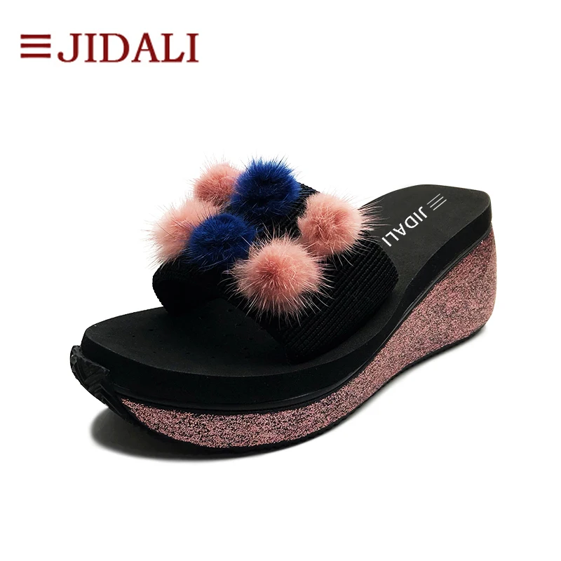 

JIDALI Fashion Furry Balls Flip Flop Women Shoes 7cm High EVA Pink Bling Outside Wedges Platform Slide Sandals Summer Size 35-39