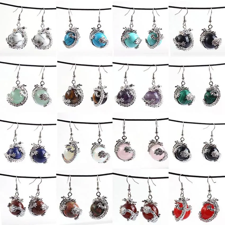 

xinshangmie 1 Pair Black Agates Round Beads Drop Earrings Chinese Dragon Wrapped Red Onyx Rose Pink Quartz Opal Charms jewelry