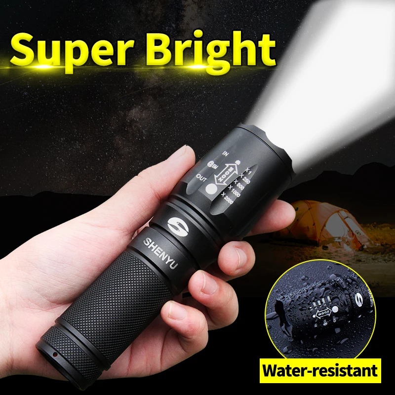 

SHENYU LED Flashlight 26650 Zoom Torch Waterproof Flashlights XM-L T6 2000LM 3 Mode Zoomable Light For 3x AA or 3.7v Battery