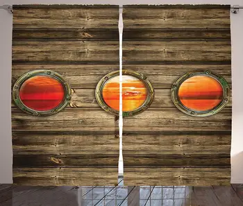 

Nautical Curtains Rustic Wooden Ship Backdrop Design Oval Windows Orange Ocean Scenes in Sundown Living Room Bedroom Window