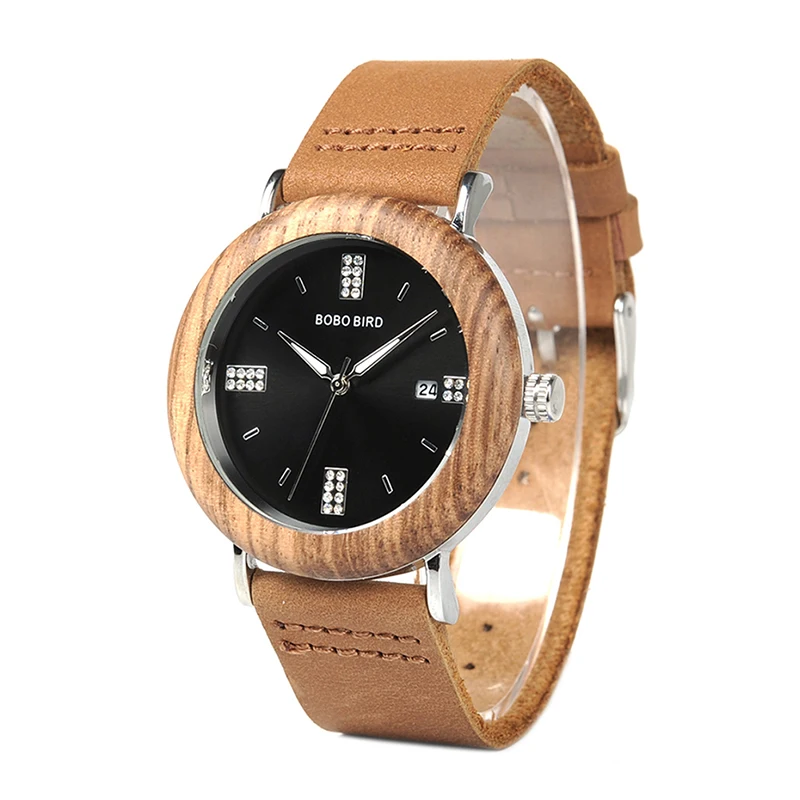 BOBO BIRD Men Watch Quartz Watches Stainless Steel Watch Imitation diamond with Leather Strap for Women in Gift Box custom logo