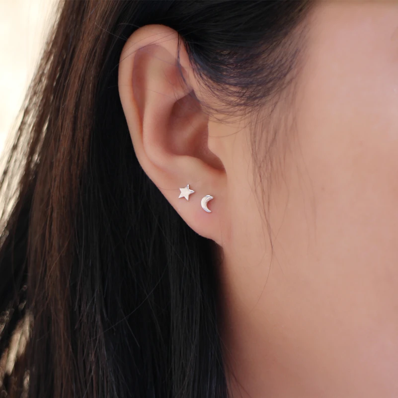Серьги из стерлингового серебра S925 пробы, серьги со звездами и луной, глянцевые ассиметричные серьги для мальчиков и девочек, ювелирные изделия для ушей