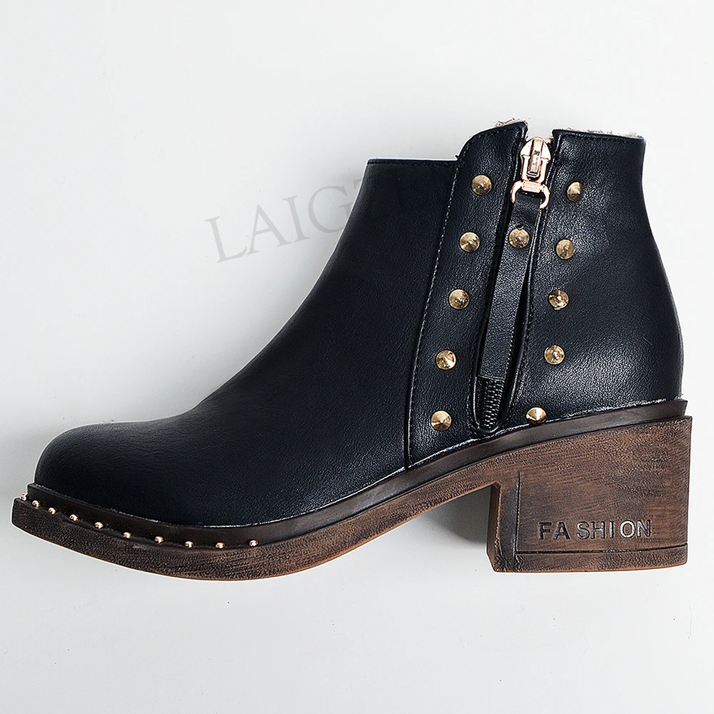 

LAIGZEM FASHION Women Ankle Booties 2020 Studs Chunky Heels Vintage Short Boots Zip Shoes Woman Botines Mujer Large Size 33-44
