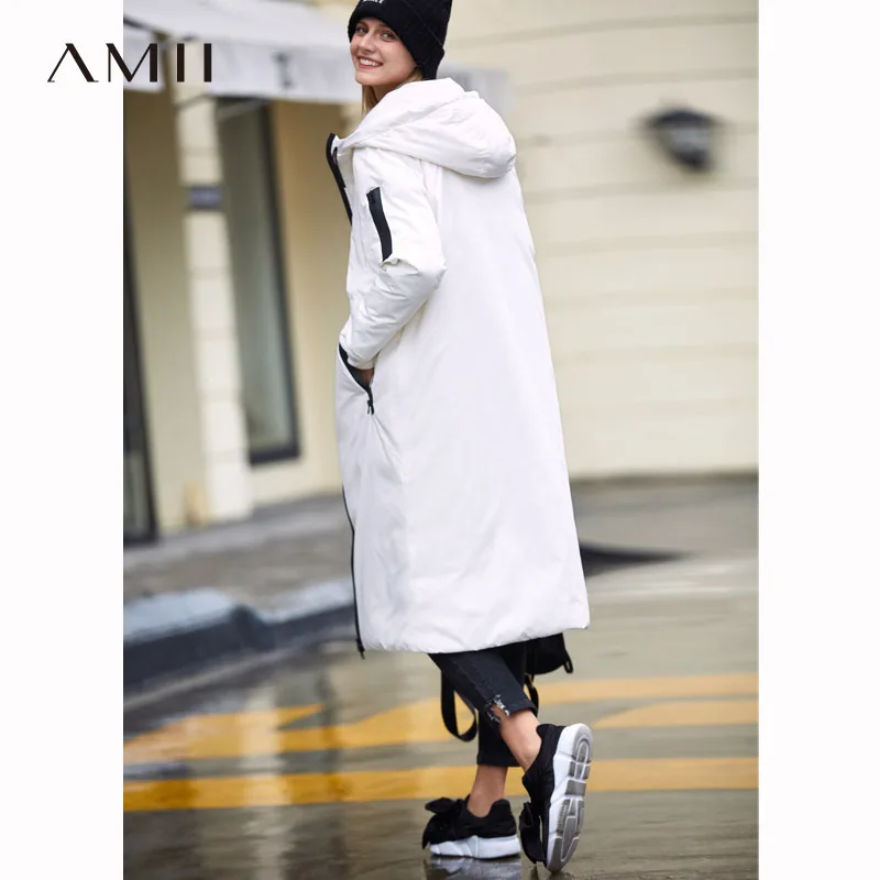 Amii минимализм лоскутный пуховик женский зимний Повседневный однотонный 90% белый утиный пух на молнии Длинные парки пальто куртки с капюшоном