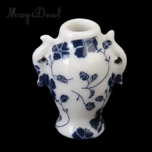 7Pcs/Set 1/12 Miniature Dollhouse Porcelain China Ceramic Chinese Porcelain Vase Blue Vine for Dolls Home Furniture Decor Toys