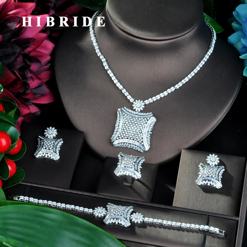 Hibride роскошь Pendnat квадратная форма кубического циркония комплекты украшений для женщин вечерние Роскошные ювелирных изделий в Дубае Нигерия Наборы свадебных ювелирных изделий N-811