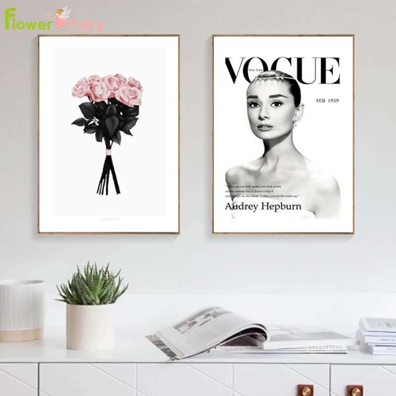 

Audrey Hepburn Canvas Painting Pink Flower Poster Nordic Style Decoracao Para Casa Quadro Wall Pictures For Living Room Unframed