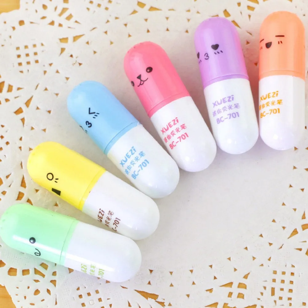 

6 pcs/set Mini Pill shaped highlighter pens for writing Cute face Graffiti marker pen Korean stationery school office supplies