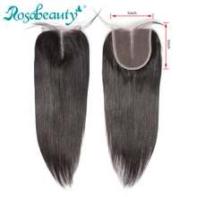 Rosabeauty-extensiones de pelo peruano remy, accesorio capilar liso de encaje con nudos blanqueados y cierre medio/libre, 5X5