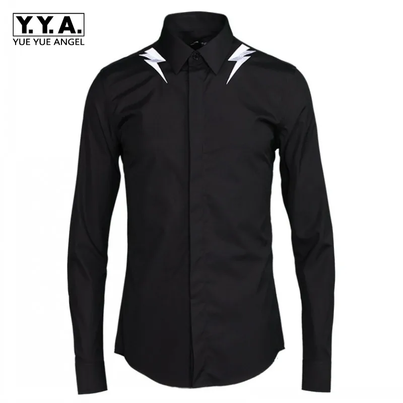 

Mens Long Sleeve Formal Shirt Lightning Embroidery Wedding Dress Chemise Homme Tops Big Size White Business Office Work Shirts