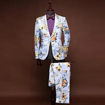 

Singer star style dance stage printing clothing for men groom suit set with pants 2020 mens wedding suits costume formal dress