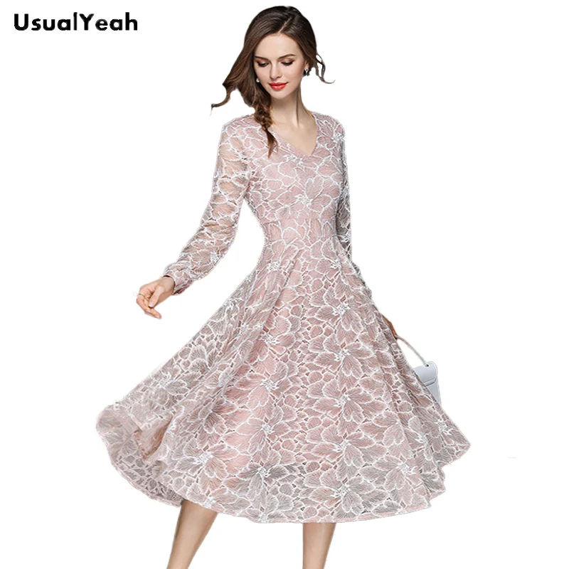 

USUALYEAH 2018 Women Dress Vintage A-Line Lace V-Neck Slim OL Dresses Long Sleeve Light Pink vestido M-XXL QZ0404