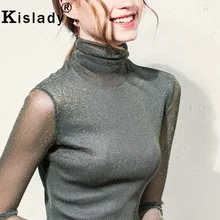 Kisaldy женский Яркий шелковый топ Осенняя рубашка с высоким воротом и длинным рукавом Сексуальная сетчатая прозрачная блестящая рубашка для фитнеса