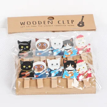 

10 Pcs/Set Cute Guitar Cat Wooden Clip Photo Paper Clothespin Craft Clips Party Decoration Clip with Hemp Rope