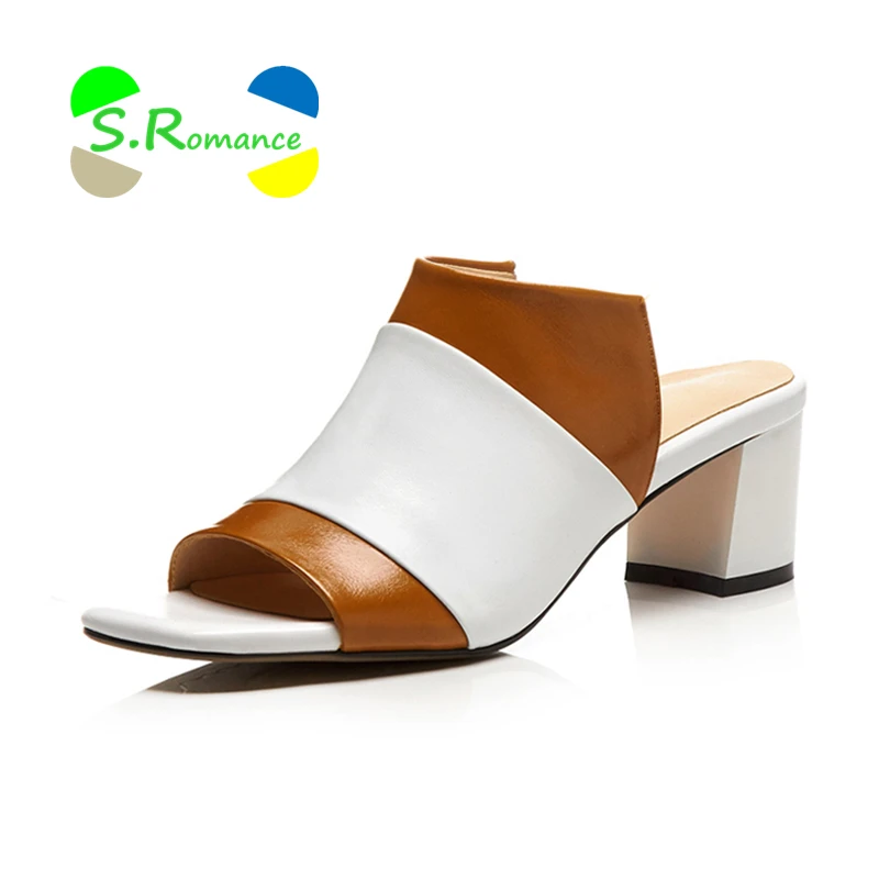 S.Romance Women Outside Slippers Sandals Genuine Leather Mixed Colors