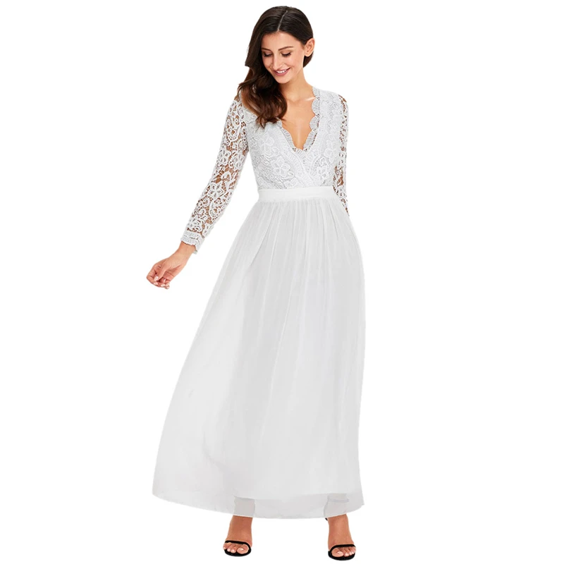 QIYUN.Z Brand 2017 New Sexy Women Lace Dresses Red Open Back Long Sleeve Crochet Maxi Party Dress White Black Pink Femme Vestido long-white-lace-dress