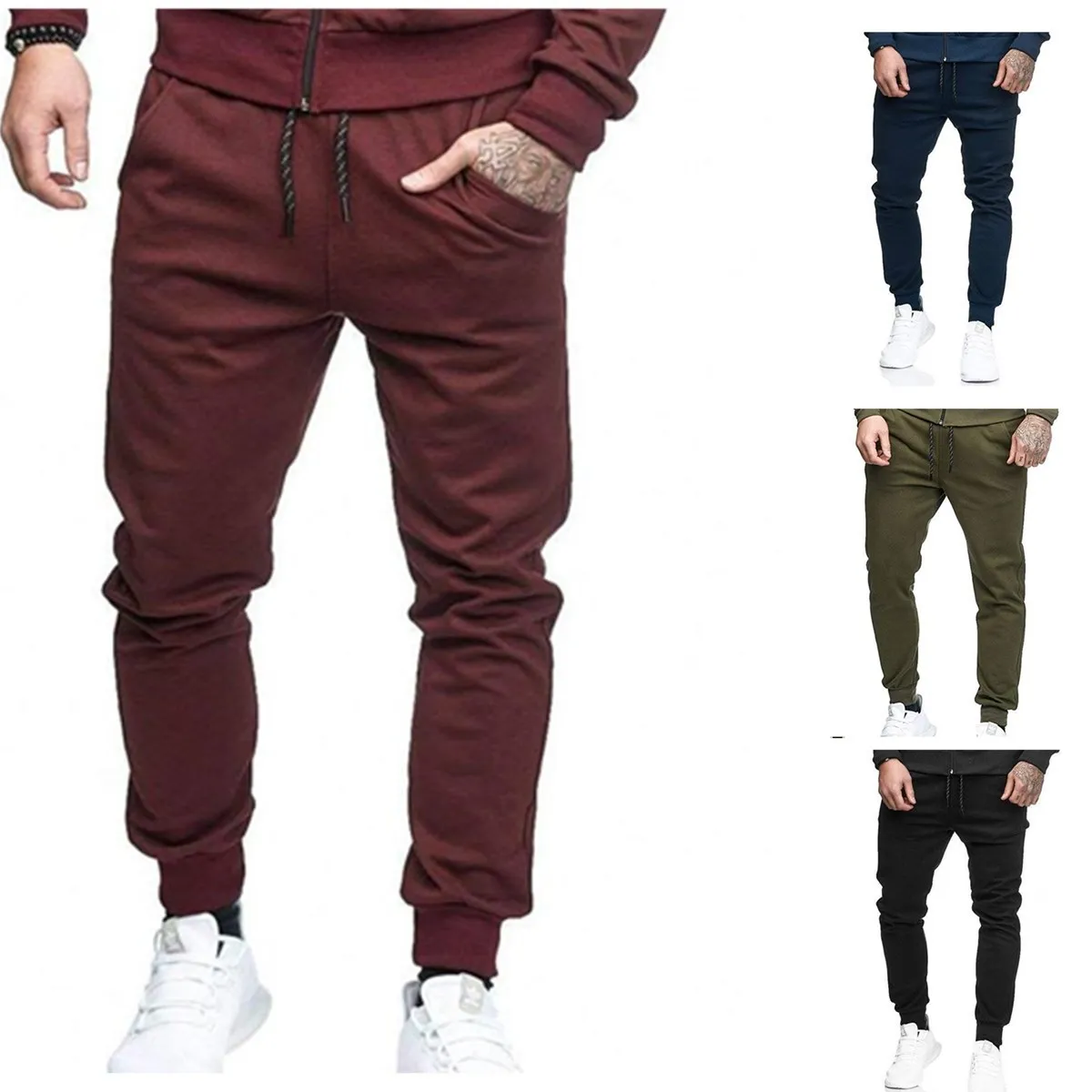 

Autumn and winter new men's solid color slim sports pants cotton casual fitness trousers men