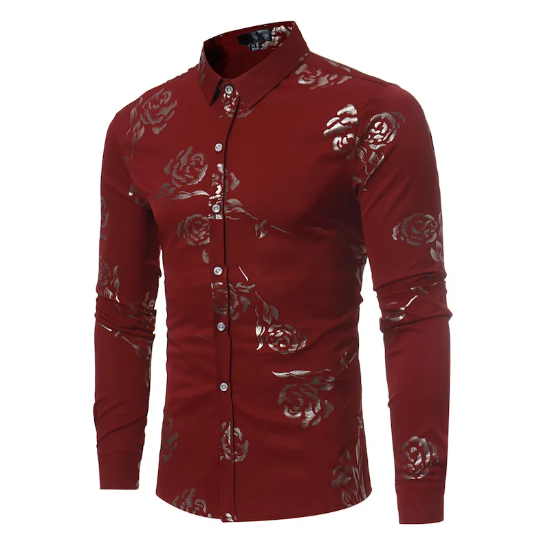 

Spring New British Style Men's Cotton Rose Print Business Shirts Casual Men's Lapel Long-sleeve Slim Shirts Male European Size