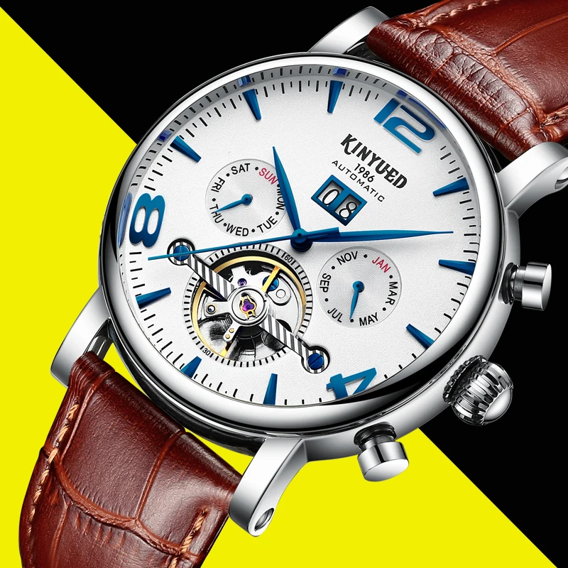 Kinyued ساعات آلية الرجال جديد قمة الموضة حلقة من جلد للماء تاريخ التلقائية ساعة يد الهيكل العظمي توربيون ساعة اليد Kinyued ساعات آلية الرجال جديد قمة الموضة حلقة من جلد للماء تاريخ التلقائية ساعة يد الهيكل العظمي توربيون ساعة اليد