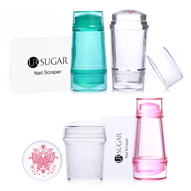 

UR SUGAR Jelly Silicone Stamper with Scraper Double Head Image Stencils Clear Pink Green Nail Art Stamping Tool Set Kits