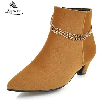 

Sgesvier Autumn Women Boots Flock Pointed Toe Med Heel Ankle Boots Sexy Black Fashion Zipper Party Shoes Women Size 34-48 OX926