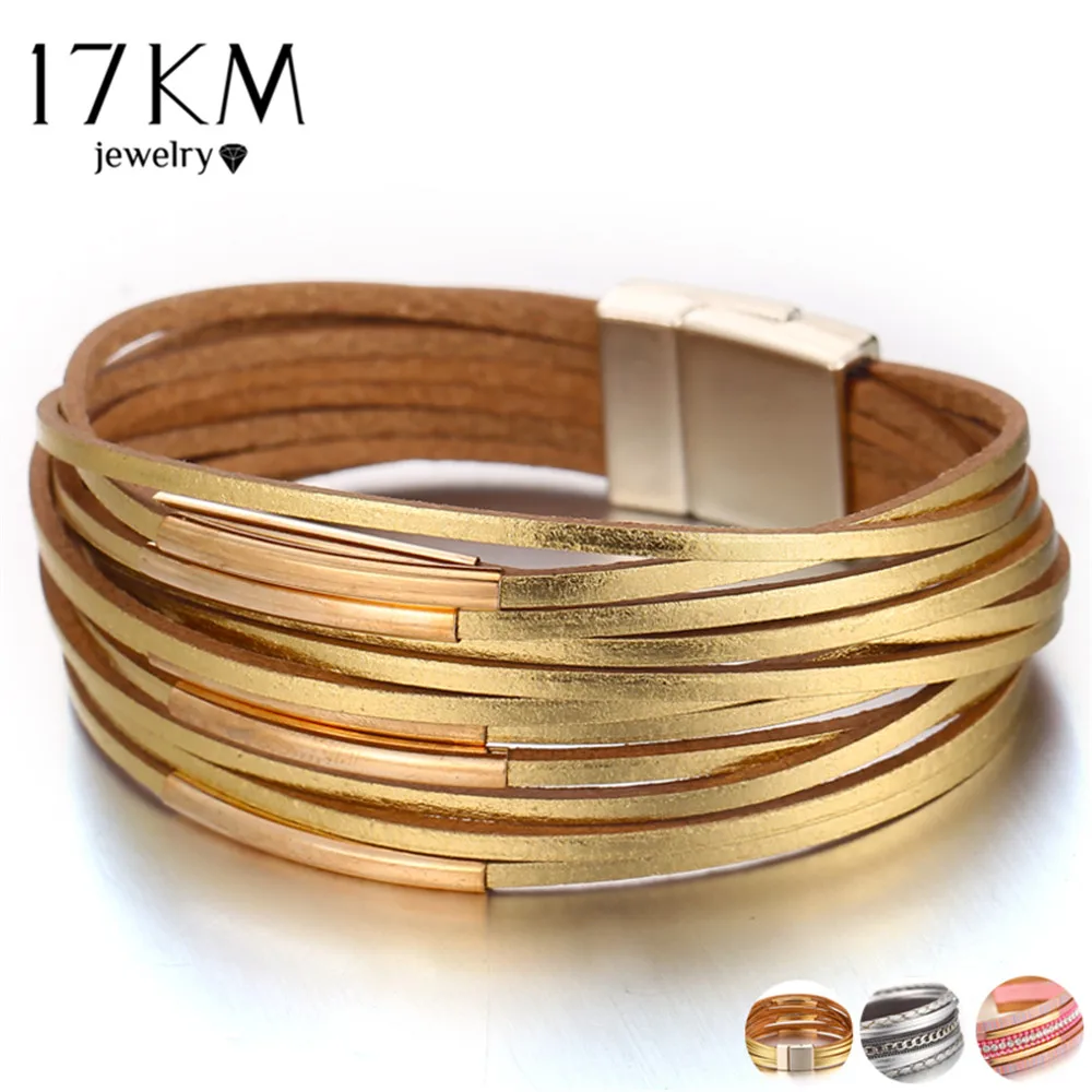 17km New Gold Leather Wrap Bracelets For Women Red Sliver Color