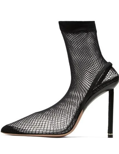 

New 2018 Brand Women Sexy Black Pointed Toe Stiletto Heel Slip On Elastic Fishnet Socks Short/Over The Knee Boots Plus