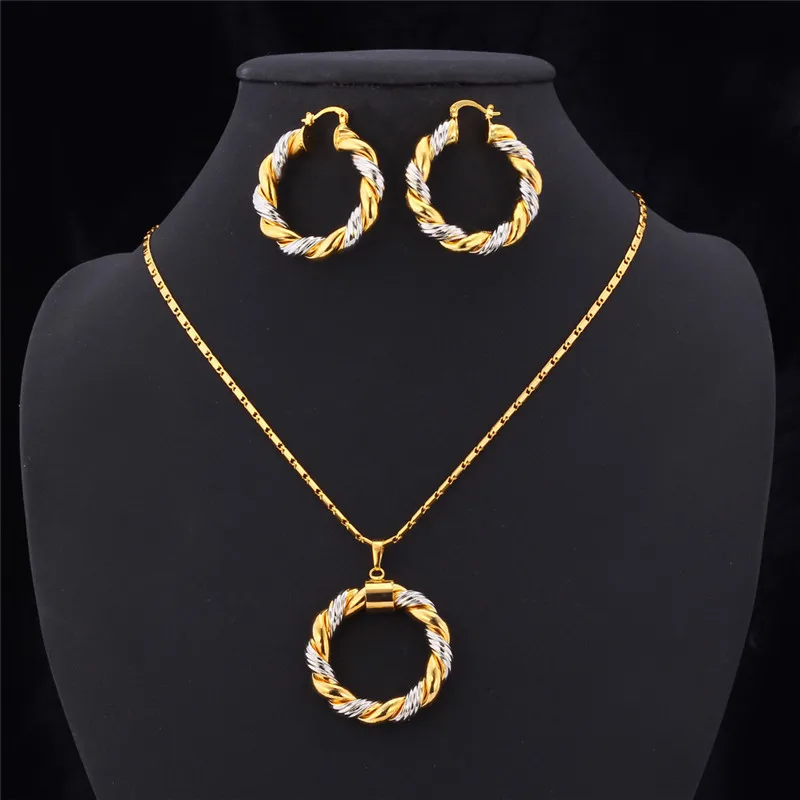 Starlord Two Tone Gold Color Chain Round Jewelry Set Fashion Unique Starlord Two Tone Gold Color Chain Round Jewelry Set Fashion Unique Hoop Earrings Pendant Necklace For Women Gift Pe683 In Sets From