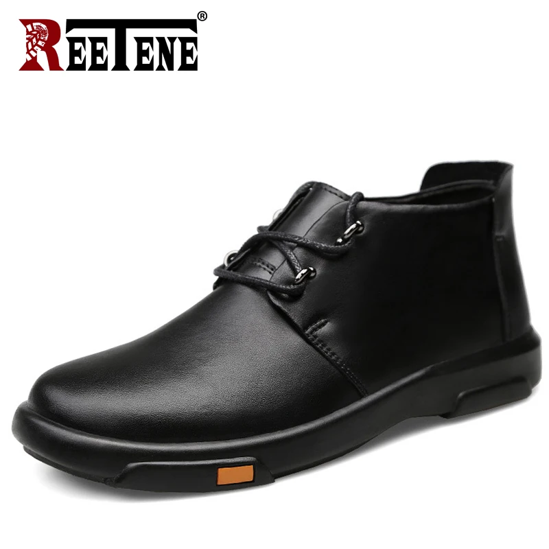 

REETENE Fashion Winter Boots Men Top Quality Cow Split Motorcycle Retro Fur Leather Boots Handmade Plush Men Winter Casual Shoes