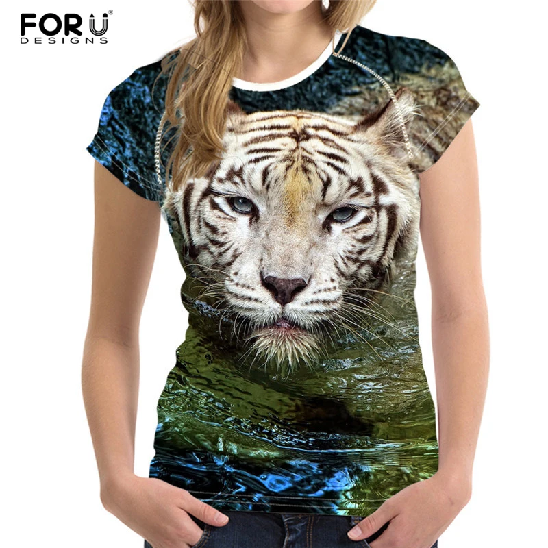 

FORUDESIGNS Casual Regular T-Shirt Women Short Sleeve Summer Tops Tees Women 3D Tiger Print Tee Shirt Female T Shirts Women