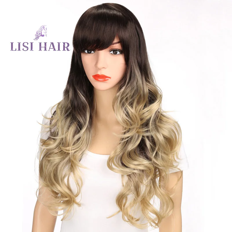 LISI HAIR 2" Высокая температура волокна челка парик Волнистые длинные волосы парики синтетические парики для женщин темно-коричневый смешанный блонд