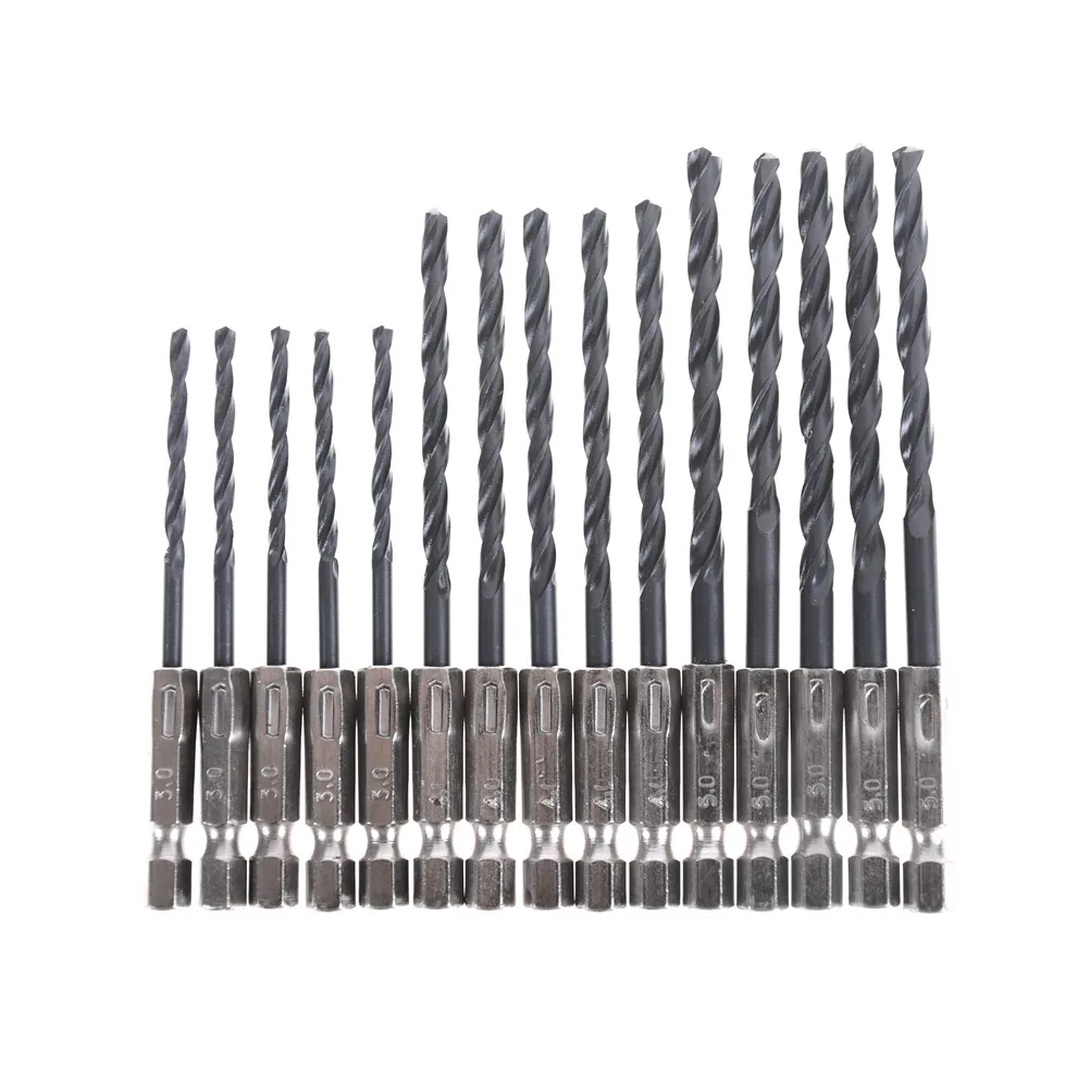 15pcs High Speed Steel Drill Bits Power Tools High Speed Steel HSS Titanium Coated Drill Bit Set Hex Shank 3 4 5 mm