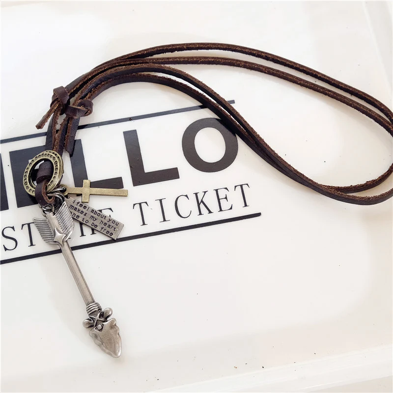 NIUYITID Arrow Feather Pendant Necklace Ancient Silver Color Men Genuine Leather Jewellery Long Rope Asjustable 40-80cm  (3)