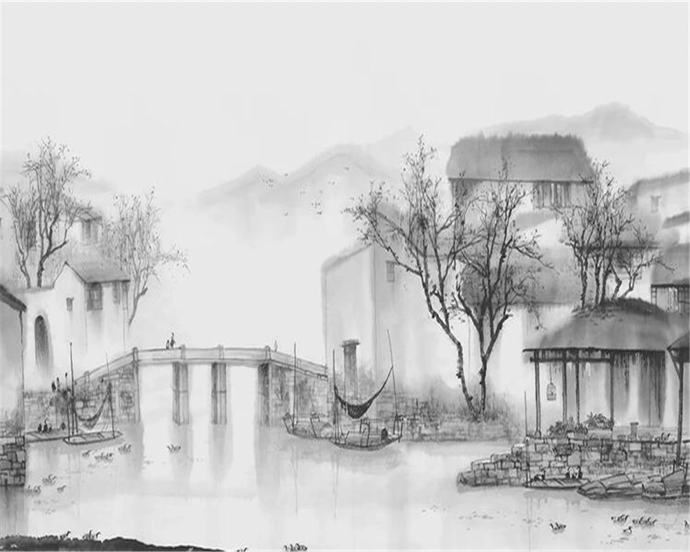 Обои Beibehang роспись чернилами ручная Jiangnan водный город Классический Новый фон для