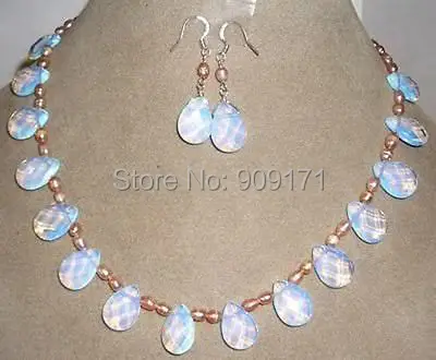 

Free Shipping>>>Pink pearl /Sri Lanka Moonstone drops pendant necklace Earrings set