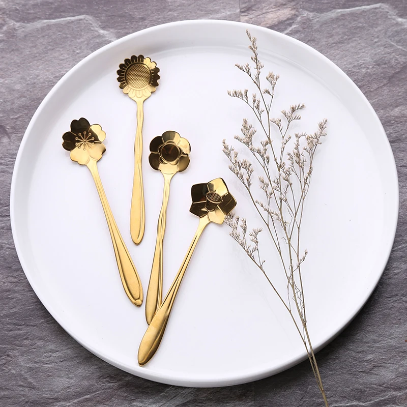 1lot/4pcs Vintage Flower Gold Tea Spoon for Tea Party 4styles Flower