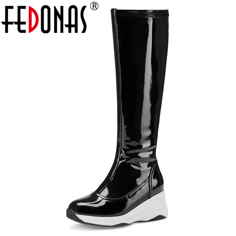 

FEDONAS Fashion Patent Leather Zipper Women Mid-calf Boots 2019 Winter New Comfortable High Heels Office Shoes Woman Snow Boots