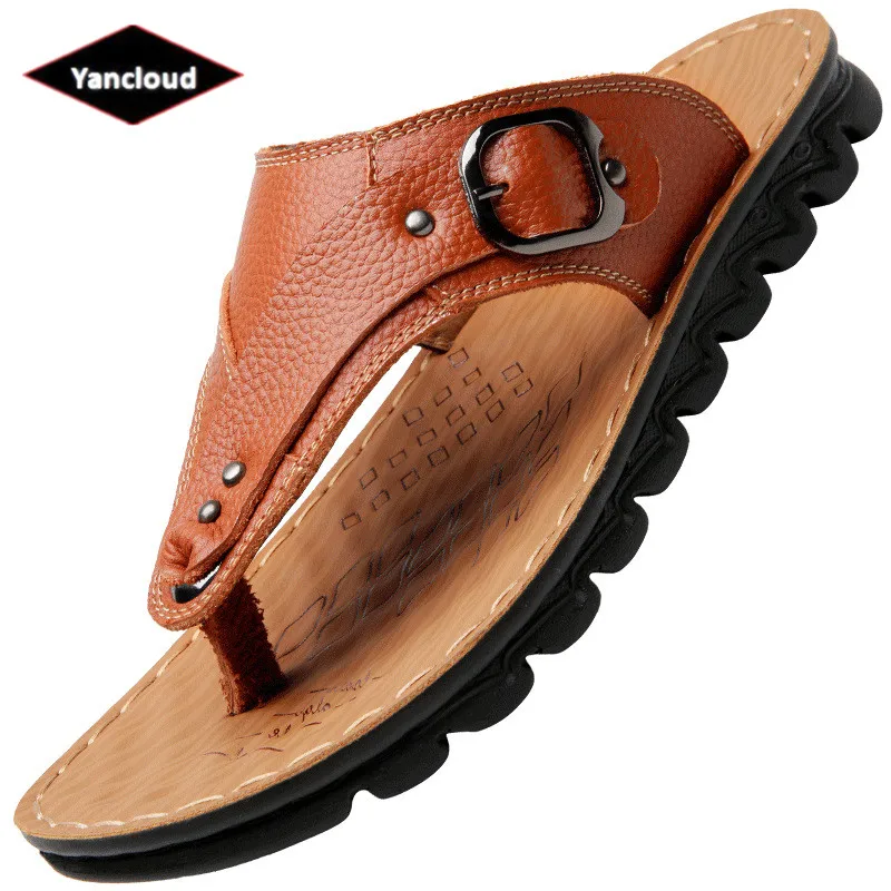Ouvert Mode 14206brown Sandales D'été Brun De Bout Chaussures Hommes Plage En Mâle Pantoufles Brown Noir 2018 Maison Flip Flops Véritable Cuir 14206yellow ZzwqHwWf