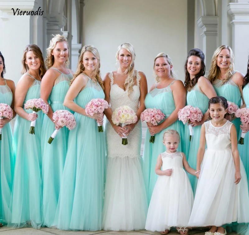 59-1              Fashion Turquoise Bridesmaids Dresses Plus size Beach Tulle Cheap Wedding Guest Party Dress Long Pleated Evening Maid of Honor Gowns