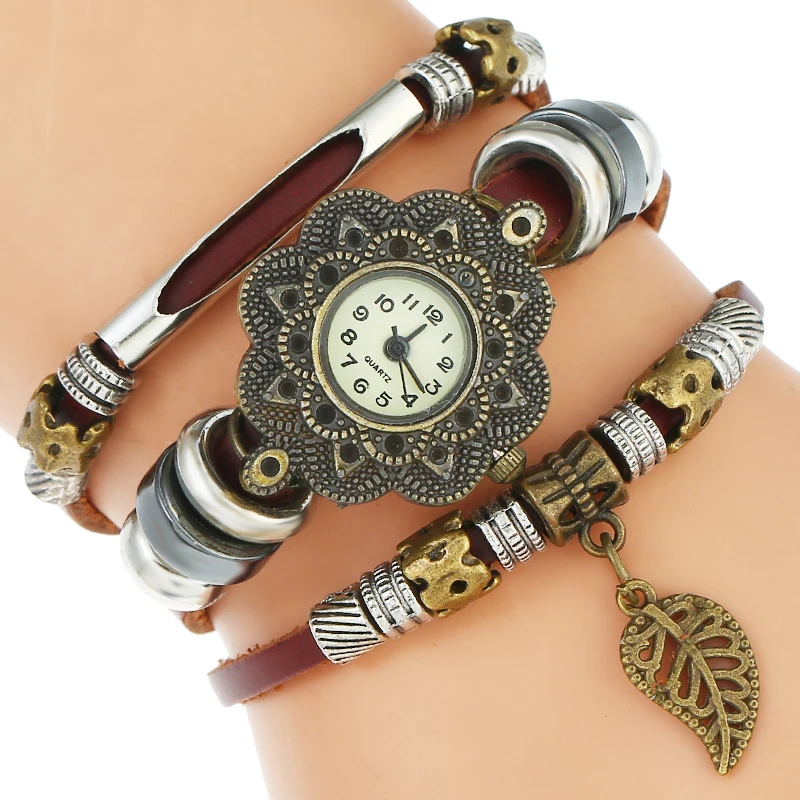 

Gnova Platinum Genuine Leather Bracelet Women Watch Leaf Charm Vintage Wristwatch Girls Dress Watch Christian Jewelry