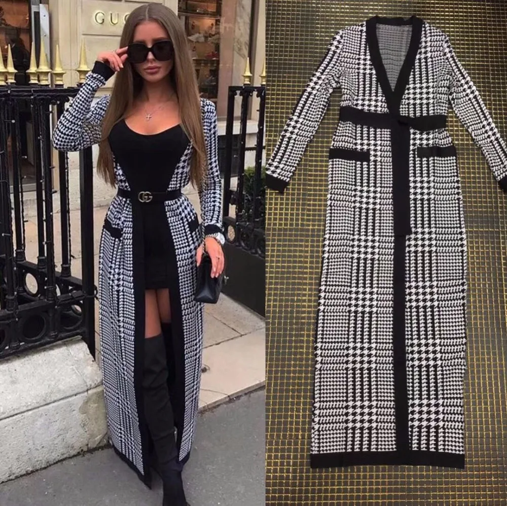 

2018 New black white Jacquard Women Ankle-Length V-Neck long sleeve Celebrity evening party Vestidos bodycon Bandage dress