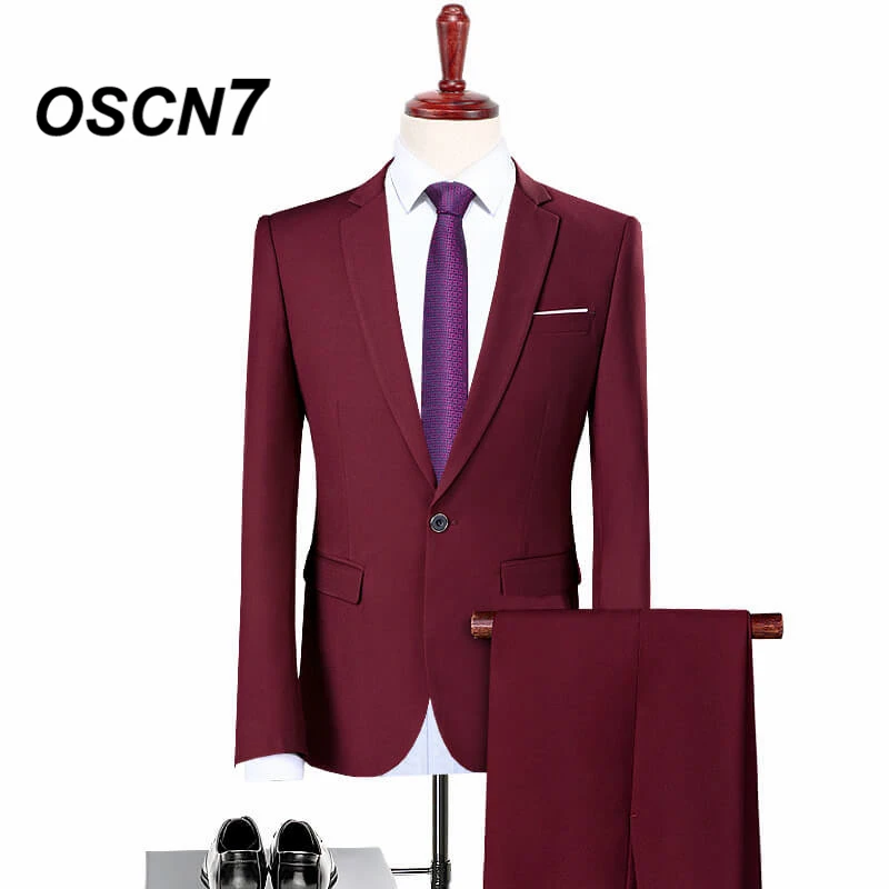 

OSCN7 Wine Red Dress Suit Men Slim Fit Leisure Business Fashion Suits for Men Plus Size Casual Terno Masculino 5XL