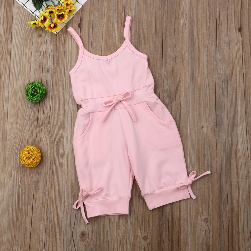 2-6 Years Baby Girls Overalls Sleeveless Sling Girls Bodysuits Solid Pink Black Blue Baby Rompers Cropped Pants Toddler Playsuit