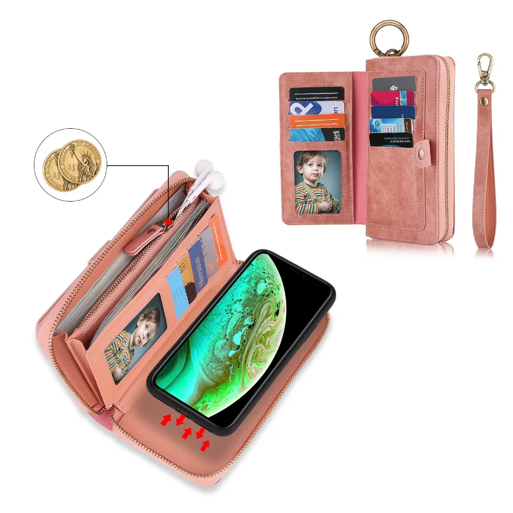 For iPhone X XR XS Max 6 6S 7 8 Plus Multi-functional fashion zipper Wallet Leather Case Flip Stand Cover Mobile Phone Bag