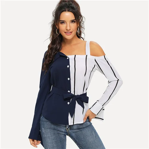 Sheinside темно-синяя полосатая блузка с открытыми плечами, рубашка с длинным рукавом, женские топы, модные Асимметричные женские блузки с поясом на шее - Цвет: Navy