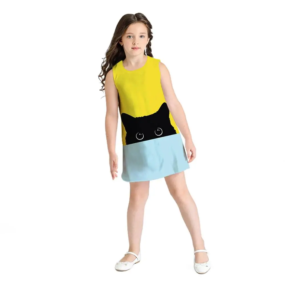 

2019 Spring Summer New Digital Print Girls Sleeveless Round Neck Dress Girl Loose Cartoon Pattern Princess Dress 7-10T